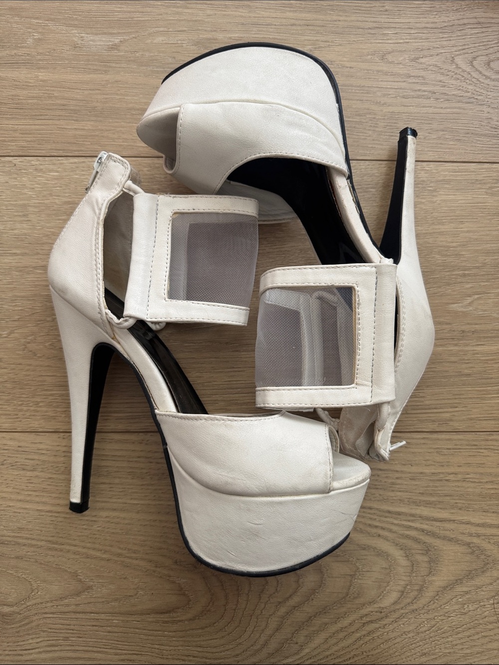 White Platform Peep-Toe High Heels with Mesh Strap